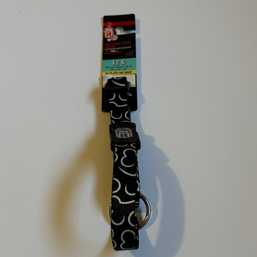 Black Heart Pattern Nylon Dog Collar With ID Plate - Large